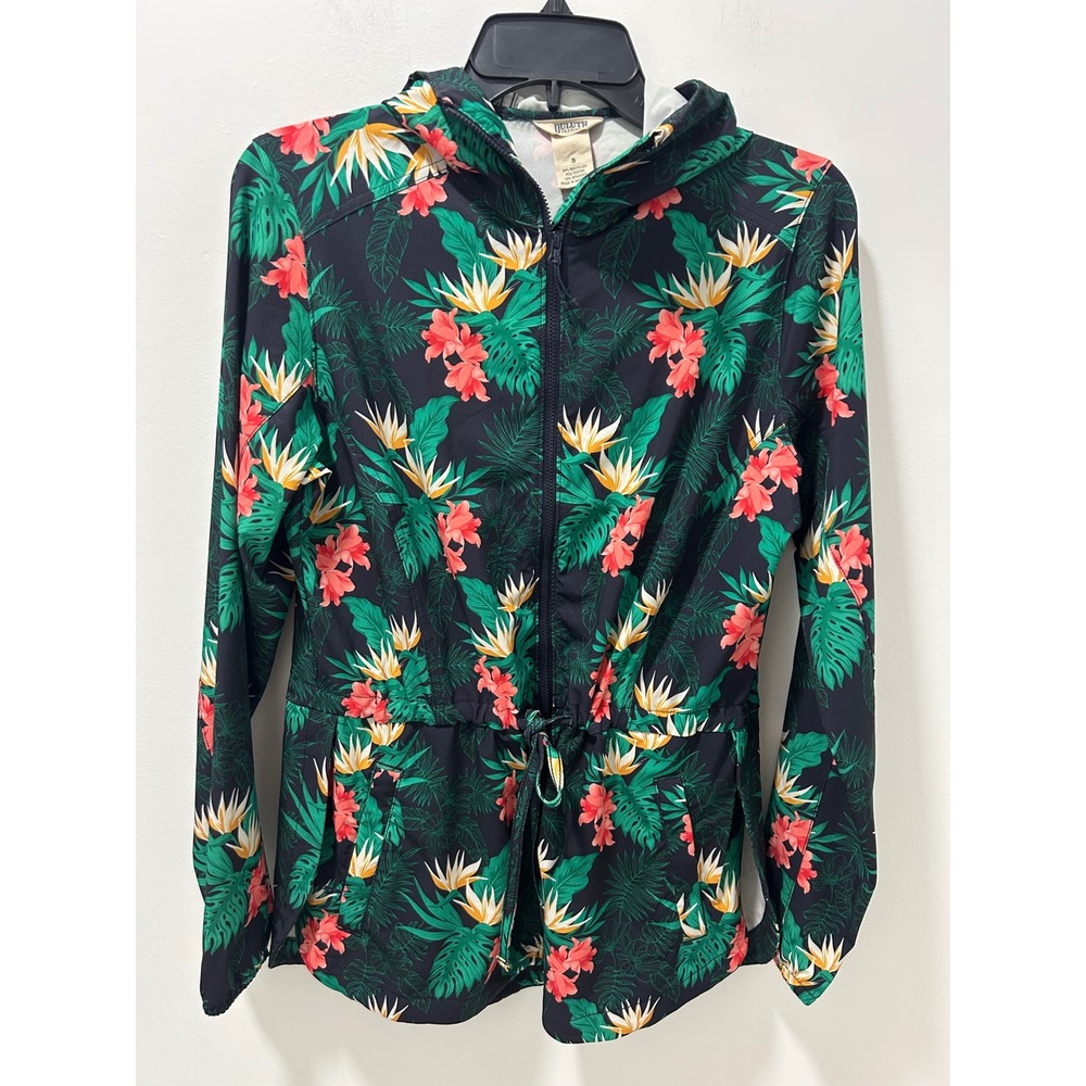 Duluth Trading Co Tropical Floral Windbreaker Jacket Hooded Drawstring Waist S